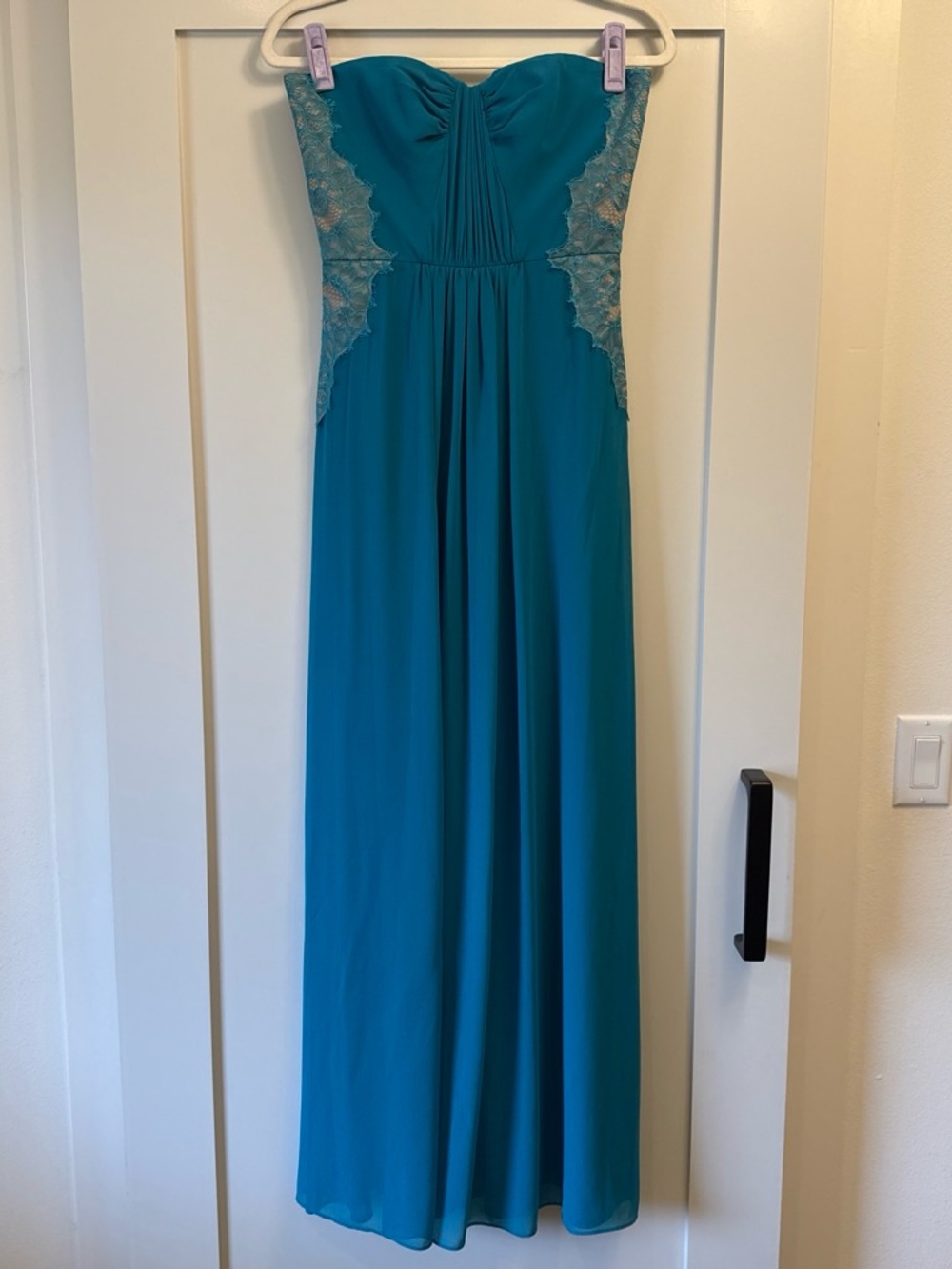 BCBGMaxAzria Strapless Teal Lace-Trim Gown